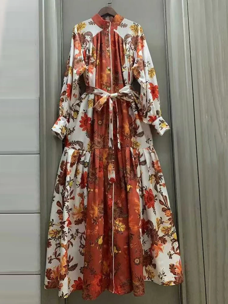 Robe rétro à imprimé géométrique, col montant, simple boutonnage, à lacets, taille cintrée, ample, bouffante, pour femmes, automne 2025