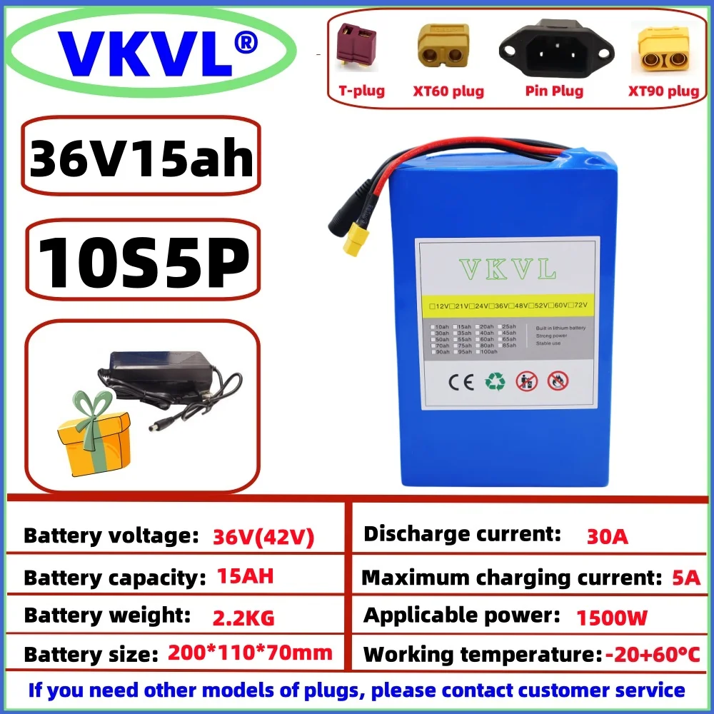 

2024 10S5P36V15Ah battery pack 1000W high-power battery 36V15000mAh high-power lithium battery+42V charger