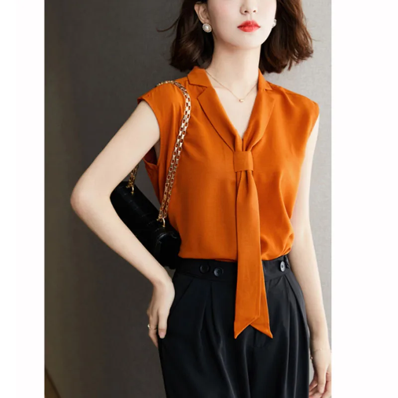 2024 New Women\'s Summer Fashion Elegant Loose Casual Commuter Solid Color Simplicity V-Neck Versatile Sleeveless Shirt Tops