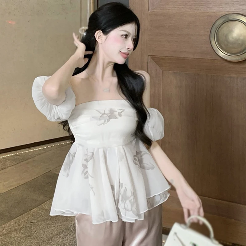 Women's Chiffon Shirt Sexy Women's Short Sleeved Ink Painting One Shoulder Summer Top