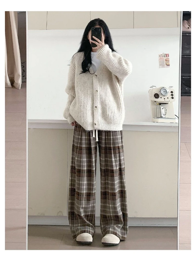 سراويل واسعة الساق ذات مربعات كلاسيكية للنساء والطلاب، النسخة الكورية سراويل غير رسمية فضفاضة بأرجل مستقيمة #5
