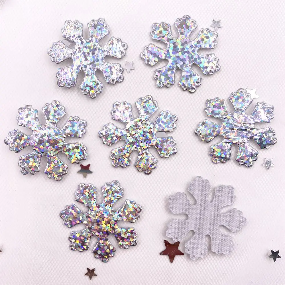 120PCS  Glitter Silver Snowflake Cloth Appliques Wedding DIY Sewing Patch Accessories DIY Bow Craft Christmas Decor   XE351