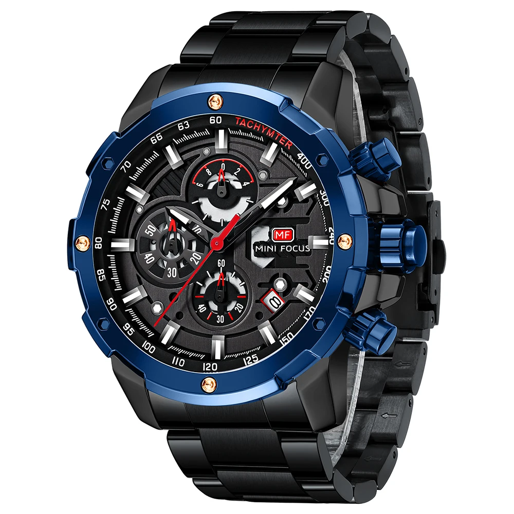 

MINI FOCUS Stainless Steel Man Watch Leisure Fashion Quartz Wrist Watches Waterproof Outdoor Multifunctional Sports Watch 0401G