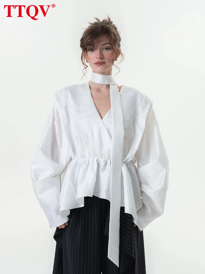 

TTQV Fashion Loose White Women's Shirt 2026 Spring V-Neck Long Sleeve Blouse Elegant Classic Lace-Up Solid Top Female Clothing