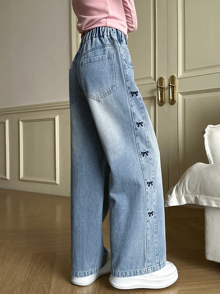 Girls\' Spring Thin Side Seam Embroidered Bowknot Jeans Loose Straight Wide Leg Denim Pants Teenagers Pure Color Washed Trousers