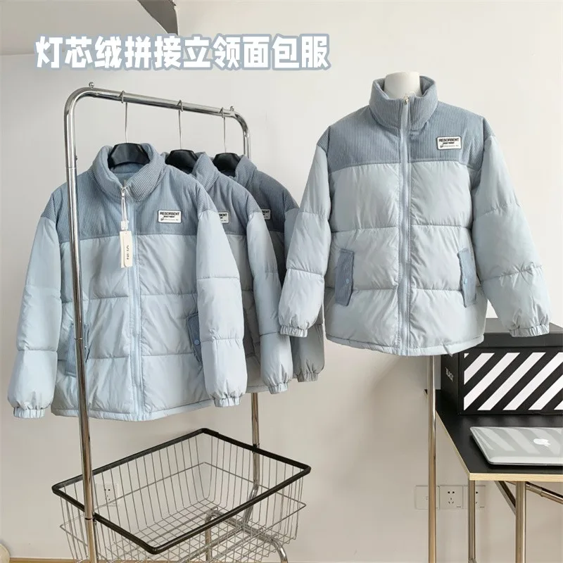 Women's Winter Cotton Suit New Warm Macaron American Blue Vintage Corduroy Splice Stand up Collar Couple Bread Coat