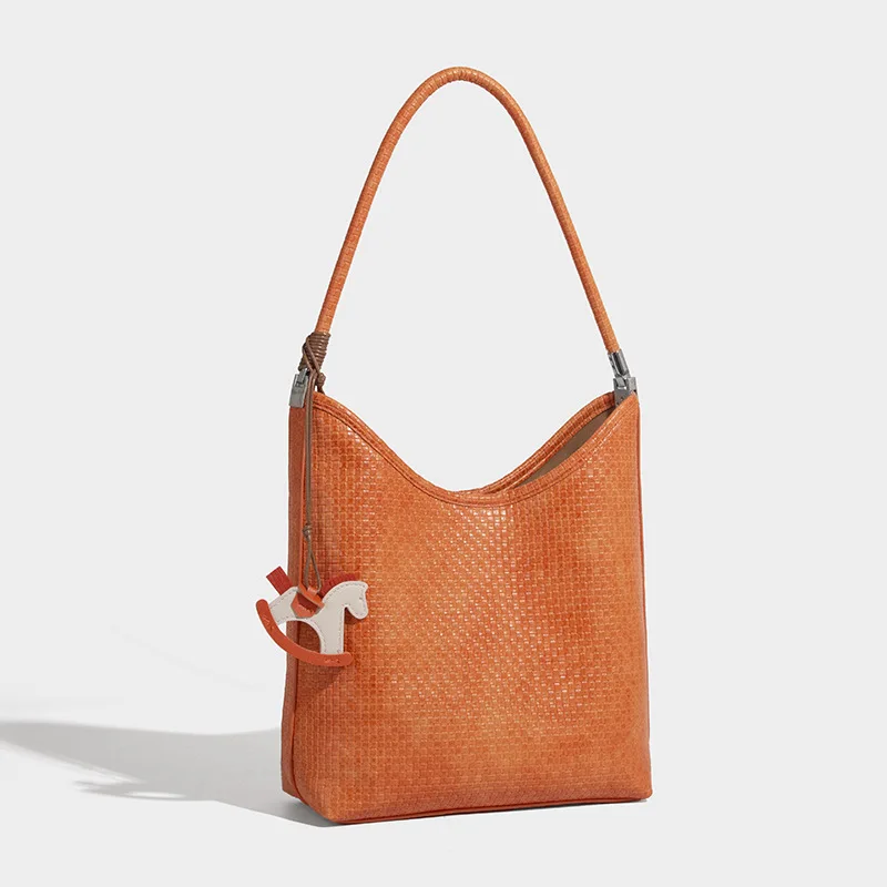 

Женская тканая сумка-ведро в стиле ретро, новинка 2025 года, модная сумка-тоут большой емкости в иностранном стиле, ручная сумка-тоут под мышками