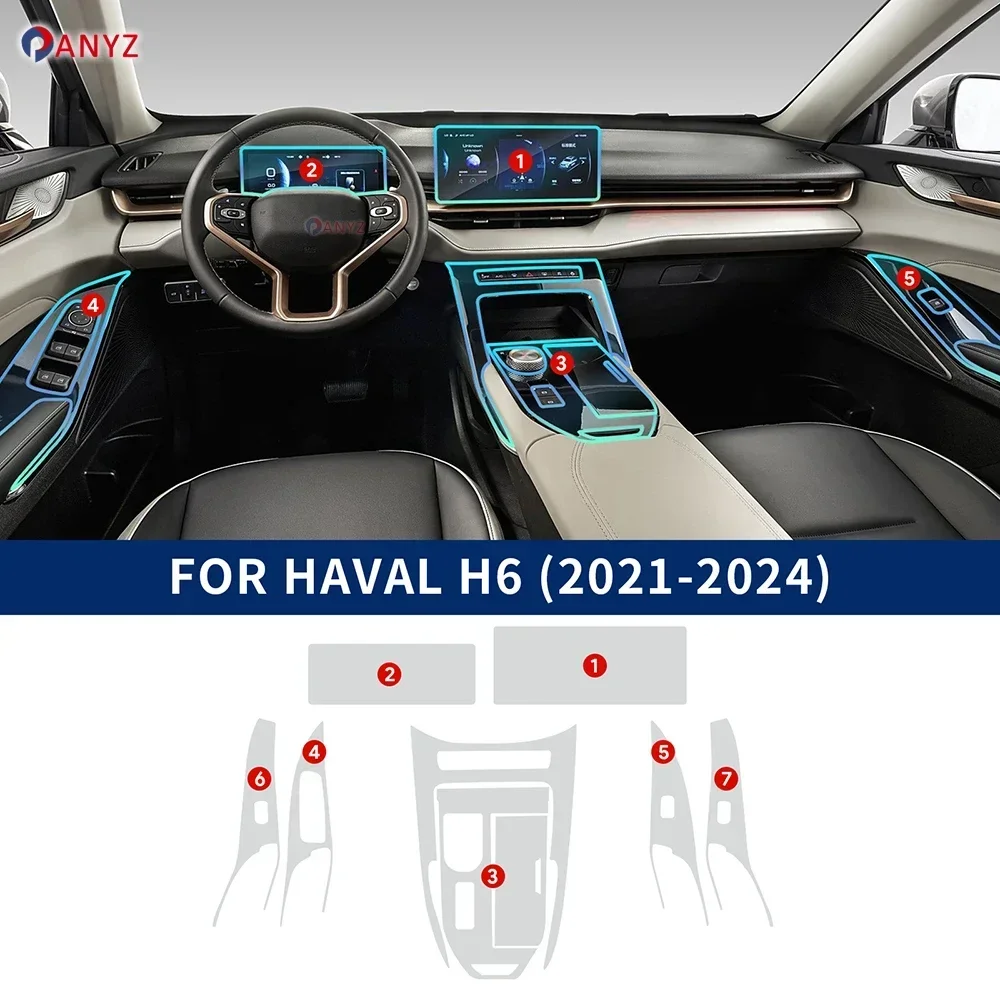 For Haval H6 3rd Gen 2021-2024 Car Center Console Navigation Dashboard Gear Door Window Panel Interior Film Tpu Transparent LHD