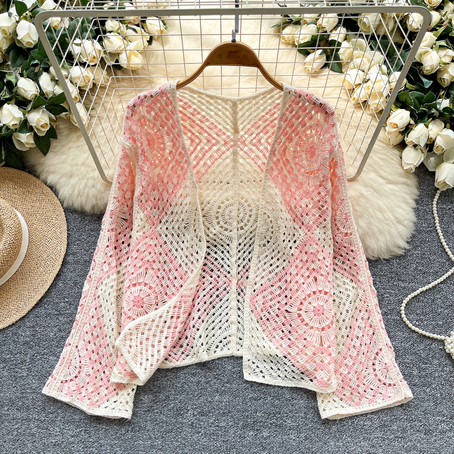 

Шикарный винтажный свободный вязаный элегантный модный сексуальный кардиган в богемном стиле с цветочным принтом, женская блузка