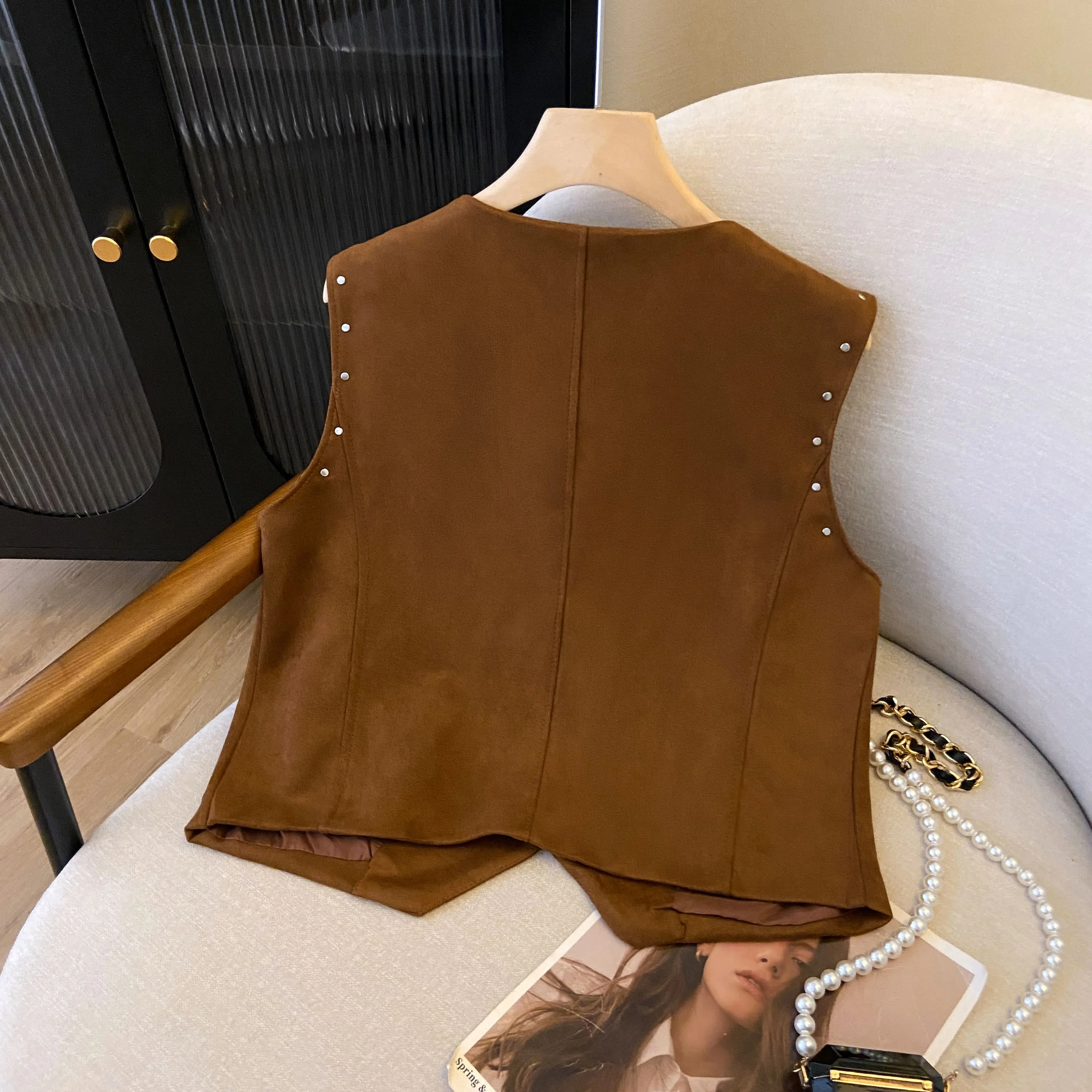 Chaleco de Gamuza con Bordado Pesado y Remaches, Diseño de Nogal, Cardigan Pequeño, Estilo Étnico, para Verano