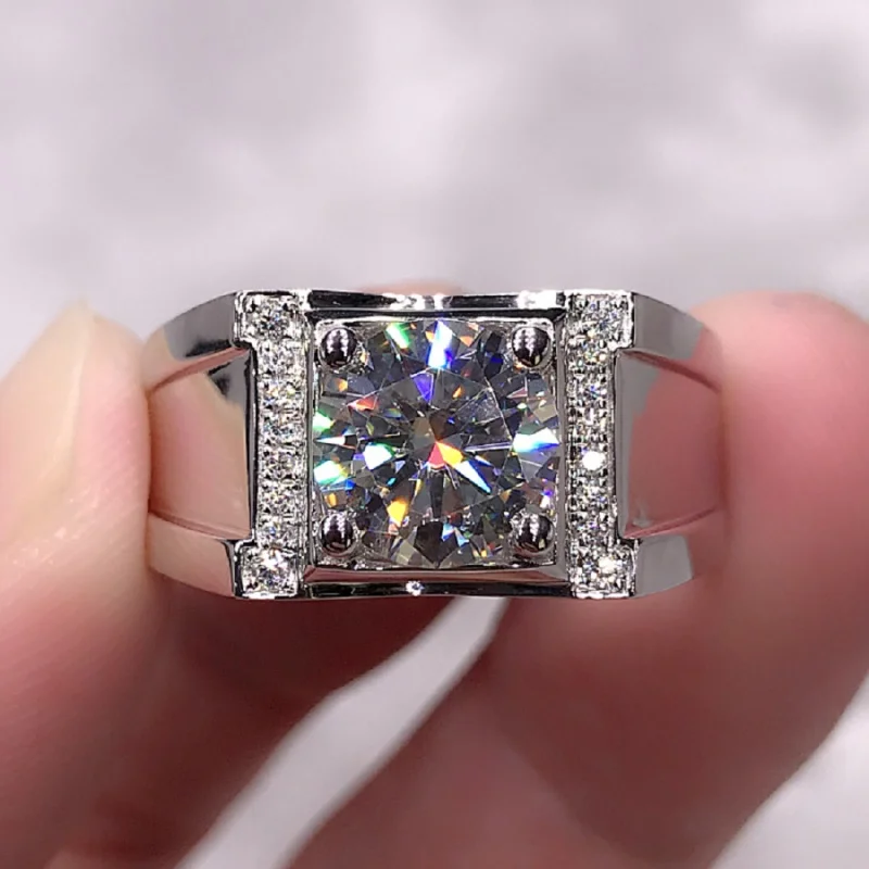 Buyee 925 Sterling Silver Male Wedding Ring White Big Zircon Open Ring for Men Fashion Party Fine Jewelry Circle Gift