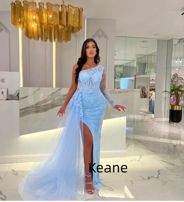 

Sky Blue High Slit One Shoulder Evening Dresses Custom Made Dress for Special Occasions Prom Gowns