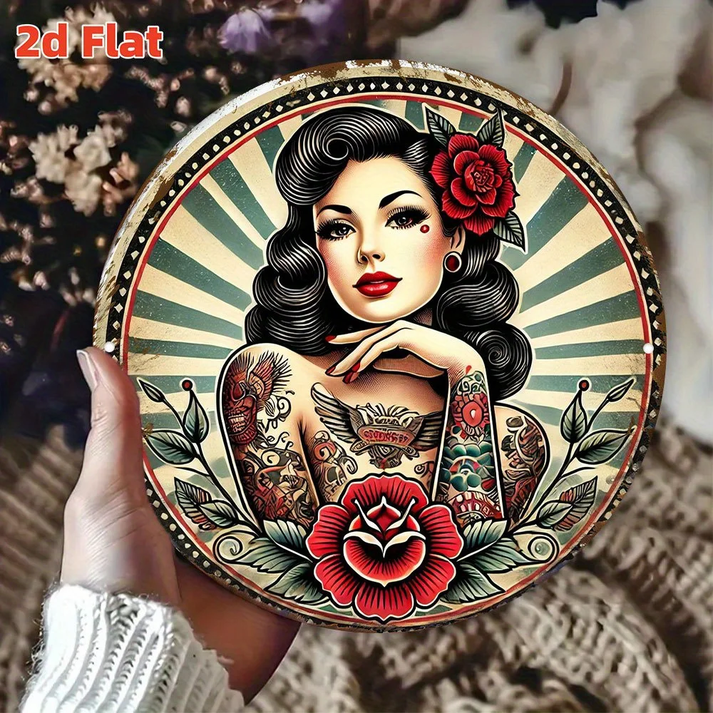 Vintage Tattoo Lady Metal Wall Art -Round Retro Pin-Up with Traditional Tattoo Designs, Durable Aluminum Sign for Tattoo Studio