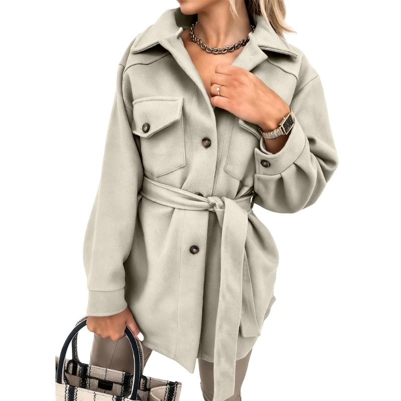 831A Functional Womens Polyester Coat Shirt Collar Single Button Front Adjustable Belt and Pockets for Daily Office and School