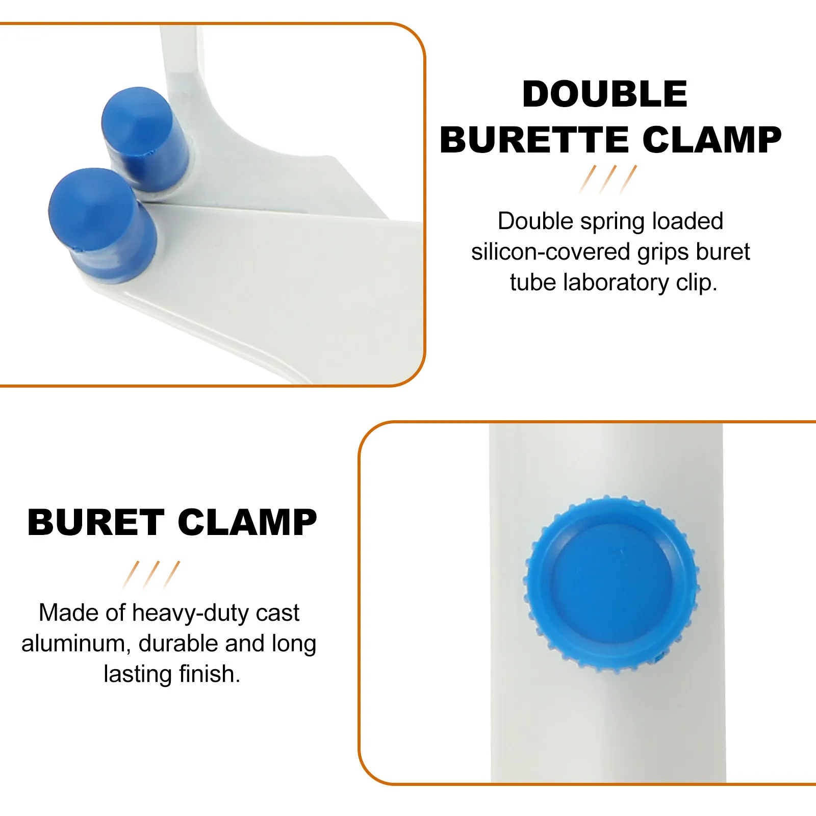 

Алюминиевый двойной зажим для бюретки с регулируемой пружинной фиксацией и силиконовыми накладками, прочный, долговечный, с качественной отделкой