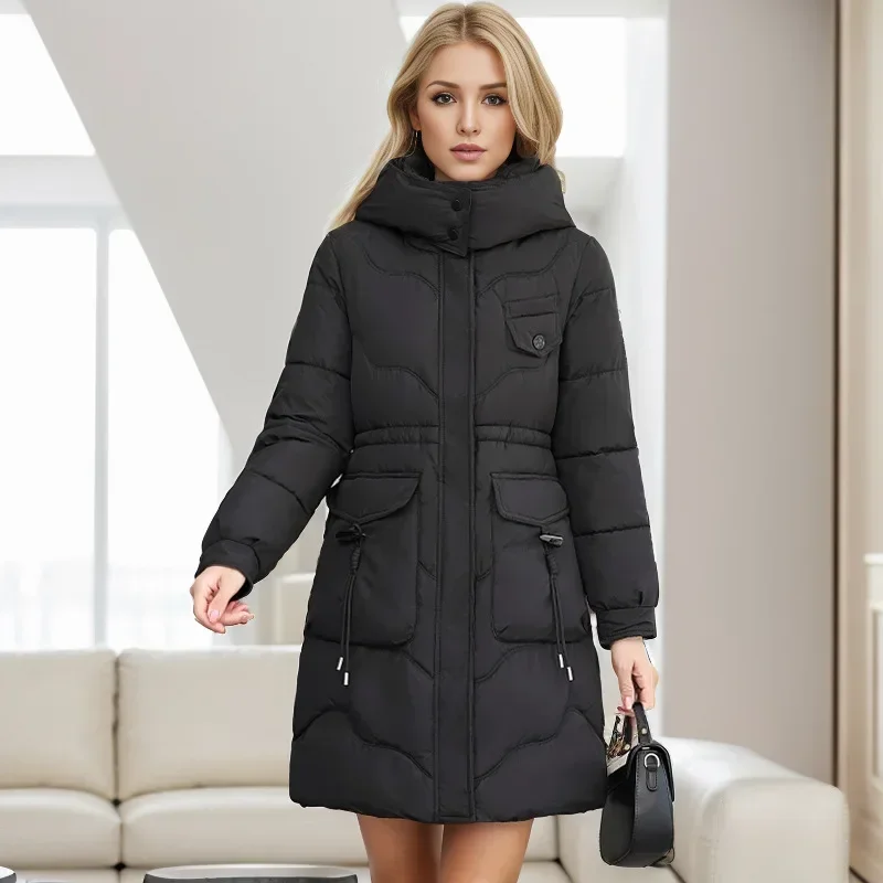 Cotton jacket long style over the knee fashionable thick cotton clothing solid color hooded temperament cotton jacket for women