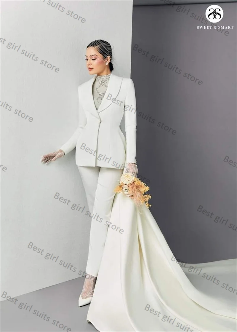 White Cotton Women Suits Pants Set 2 Piece Blazer With Long Train+Trouser Formal Office Lady Jacket Customized Wedding Prom Coat