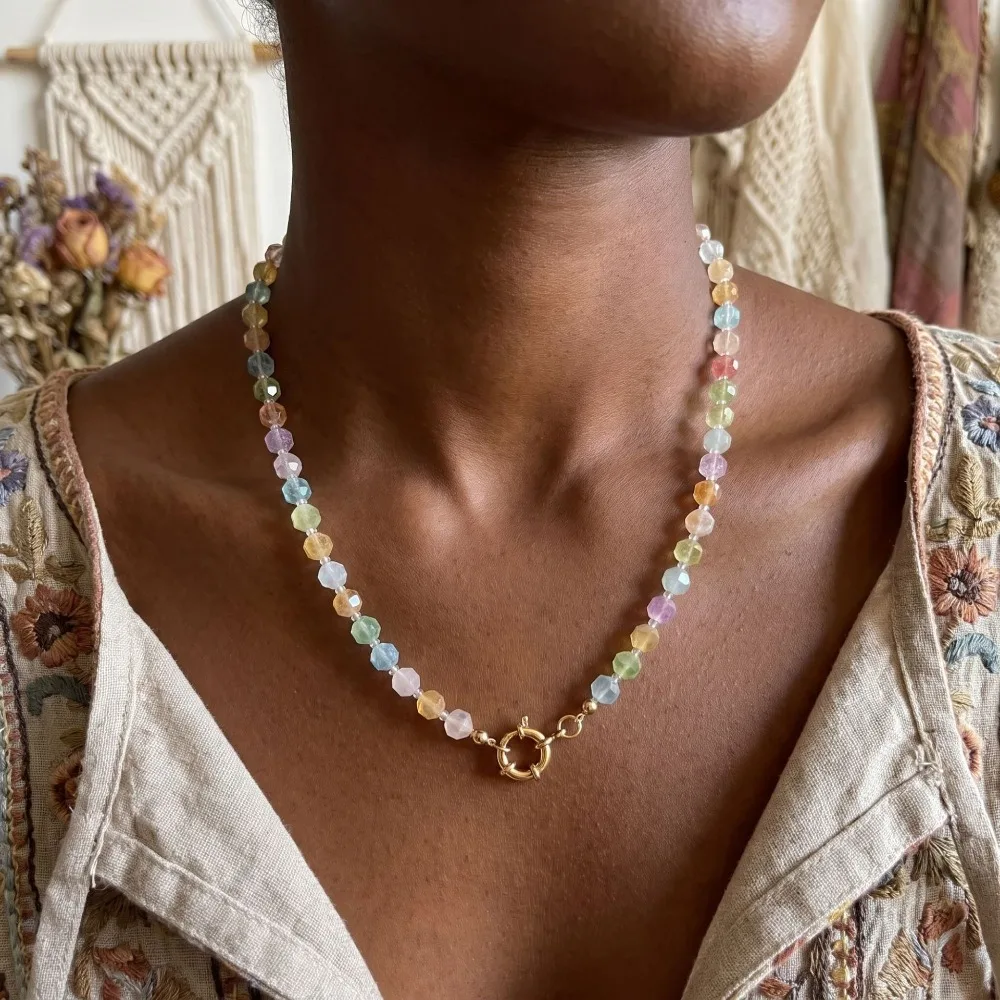 Vintage Boho Multicolor Octagonal Lampwork Glass Beaded Choker Fashion Steering Wheel Clasp Necklace for Women Vacation Jewelry