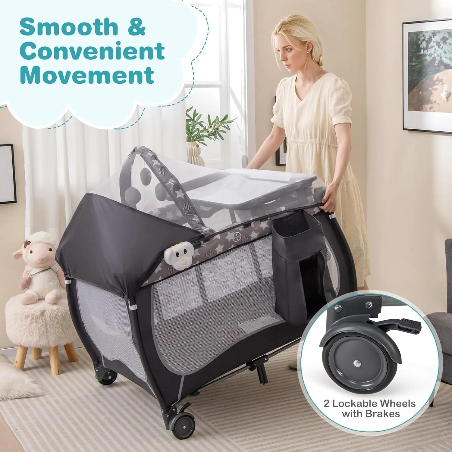HONEY JOY Pack and Play, parque infantil portátil 4 en 1 con moisés, cambiador, ruedas bloqueables, caja de música,