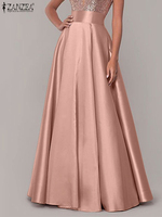 ZANZEA Women High Waist Maxi Skirts 2024 New Casual Loose Party Sundress Femme Long Silk Satin Skirt Faldas Saia Vestidos Robe