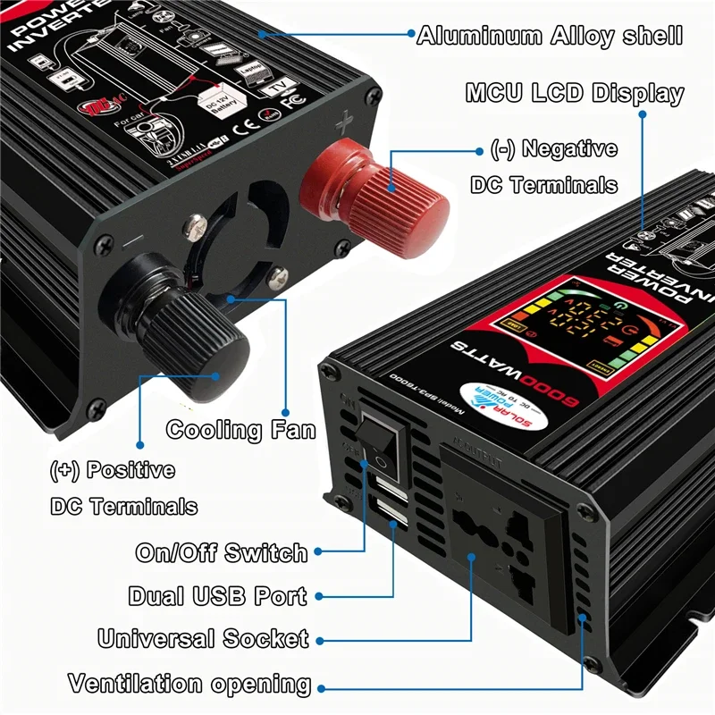 6000 W Auto-Wechselrichter, 12 V auf 110 V, 220 V, modifiziertes Sinus-Netzteil, Konverter-Adapter, Spannungswandler mit Krokodilklemme