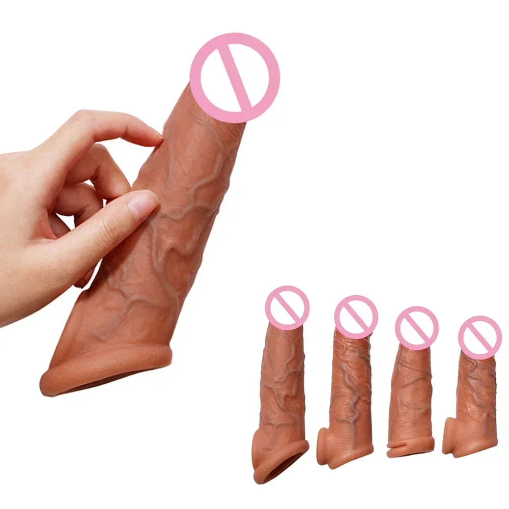 Realistic Penis Extender Sleeve Cover Header Case Reusable Condom Delay Ejaculation Dick Enlargement Extension Men Male Sex Toys