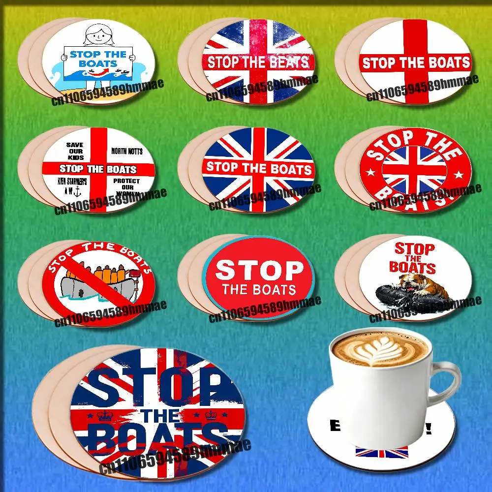

For Red Cross UK United Kingdom Britain England Stop The Boats Water Coffee Tea Coaster Cup Glass Mat 10CM Wood Round Decoration