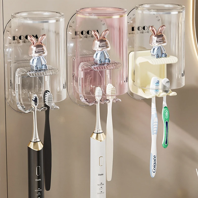 Leichter, an der Wand montierter niedlicher Kaninchen-Zahnbürstenhalter für Badezimmer, elektrischer Zahnbürstenbecher, nicht perforiert, Mundwasserbecher-Aufhänger