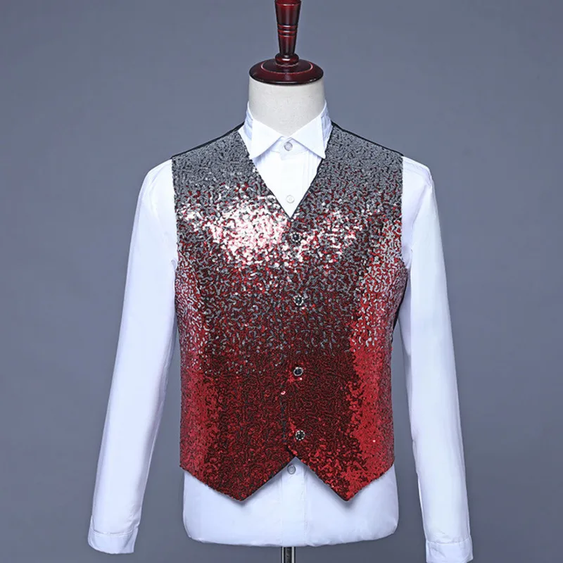 #4820 Gradient Color Sequins Vests Men Shinny Vests Male Dance Stage Singer Vests For Men Slim Men\'s Vest Sleeveless Vest Male