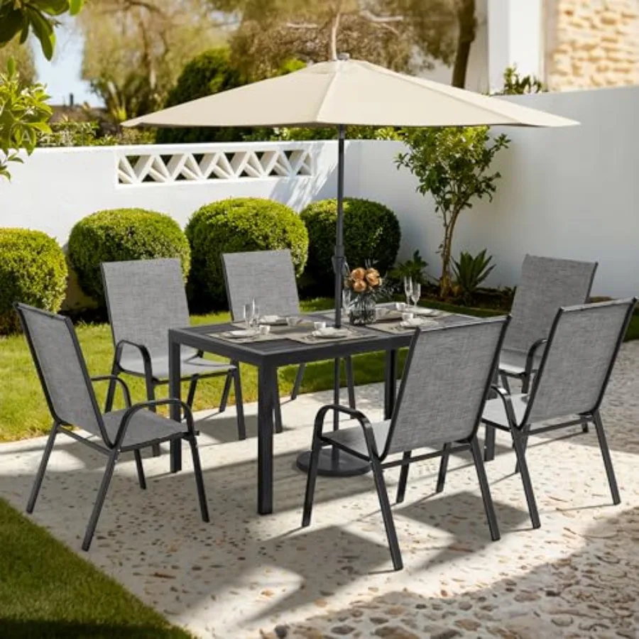 Outdoor Dining Sets for 6: Rectangular Steel Slat Table 6 Textilene Chairs, 7-Piece Patio Set with Umbrella Hole for Patio/Back