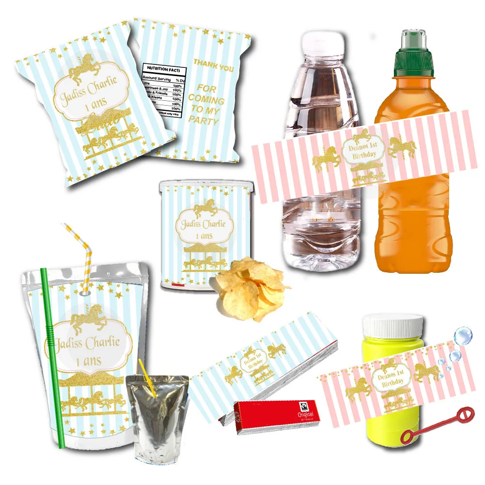 Personalized Carousel Horses Juice Pouch Bag Custom Stickers Water Bottle Labels Candy Bar Wrapper Birthday Party Decor Supplies