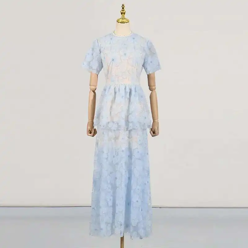 Abiti da sera lunghi scavati in pizzo ricamato di cristallo di lusso Abiti da sera lunghi estivi da donna eleganti a maniche corte con perline e perline