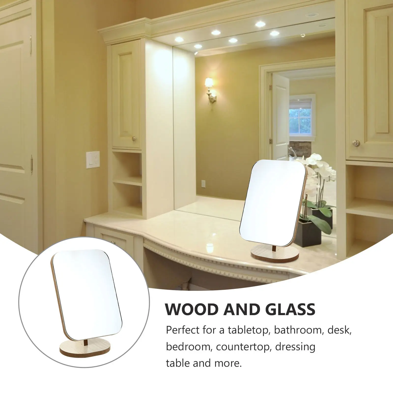 

1 шт. деревянное настольное зеркало для макияжа, вращающееся, подвижное, легко чистится, гладкая поверхность, идеально подходит для ванной комнаты и спальни