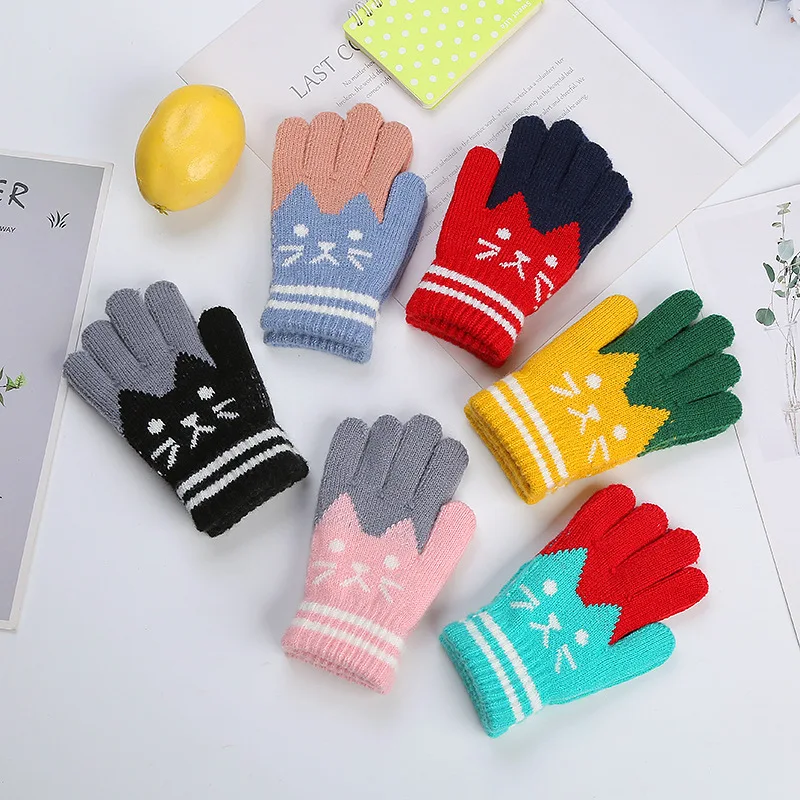 Kids Cat Knitted Gloves Cute Cartoon Boys Girls Travel Play Soft Elastic School Children Autumn Winter Warm Daily Wear Gloves