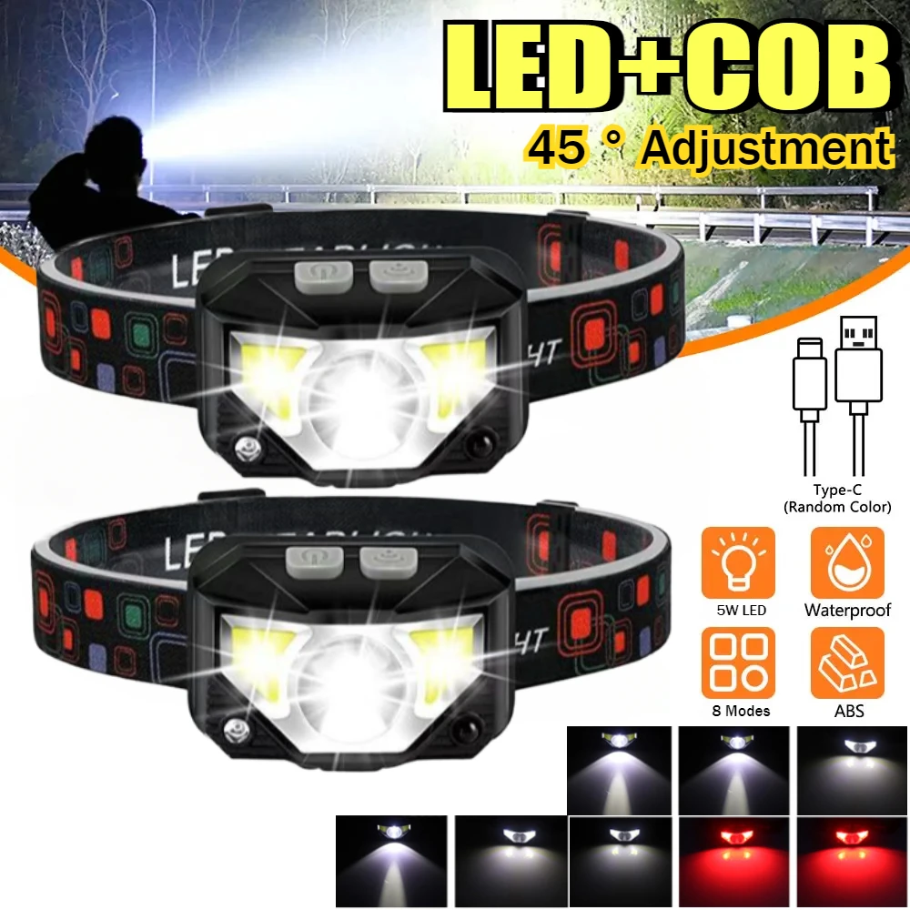 

1/2/3PCS Powerful COB+LED Headlamp 8 Modes Handfress Motion Sensor Headlight USB Rechargeable Camping Fishing Head Flashlight