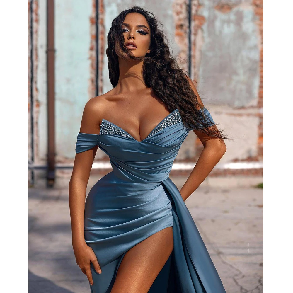 Elegant Long Dress Women 2024 For Evening Blue Satin Ruched Bust Waist Prom Gown Cocktail Party Sexy Off The Shoulder High Slit