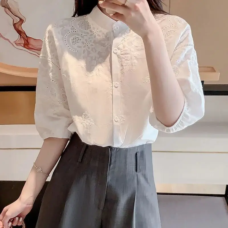 Summer Stand Collar Fashion Half Sleeve Shirt Women Elegant Embroidered Button Patchwork Cardigan Sweet Pure Cotton Chic Tops
