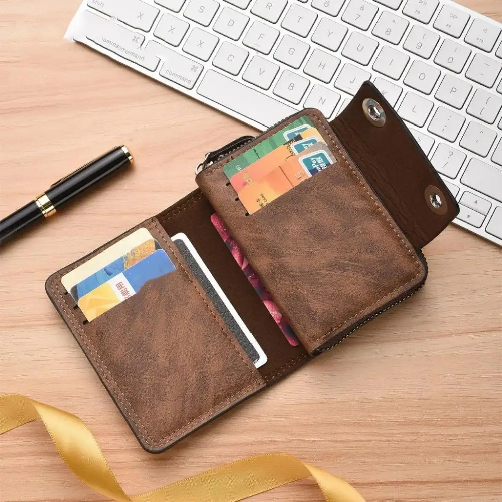 Simple Zipper Three Fold Wallet Solid Color ID Card Holder Men Card Holder Short Wallet Multifunctional Business Clutch Bag Men