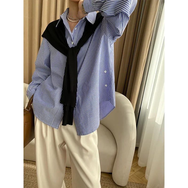 Spring and Autumn Niche Design Blank Artistic 2WAY Two-way Wearing Style Blue Striped Shirt with Side Buttons