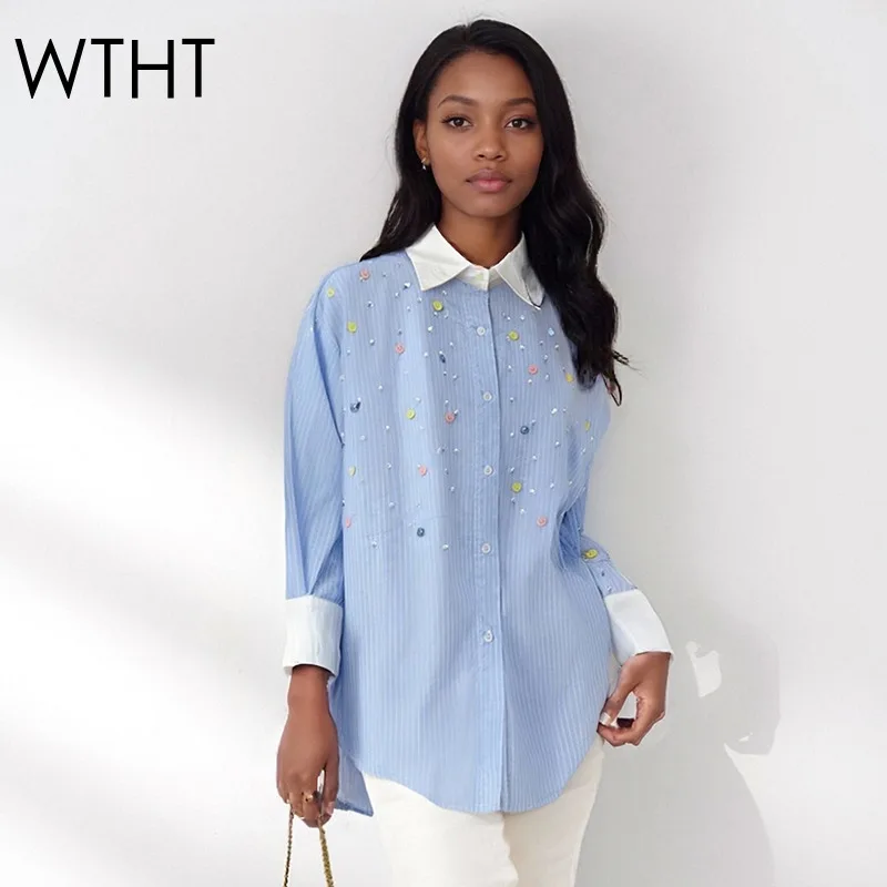 

WTHT новая модная женская лоскутная синяя полосатая свободная рубашка с жемчугом, осень 2022, модная блузка с длинными рукавами и лацканами, женская 1LS2505