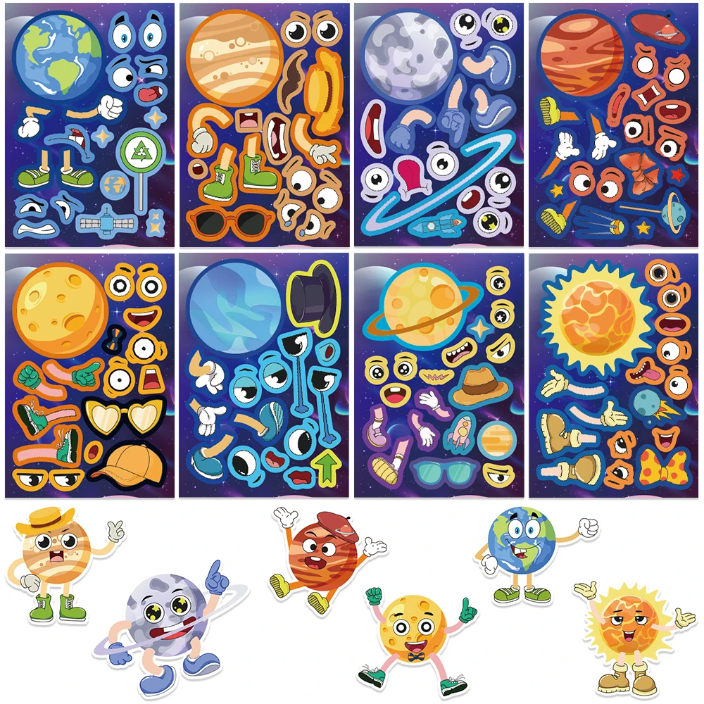 8/16/32Sheets Cartoon Cute Planets DIY Make A Face Puzzle Stickers Dress Up Game Face Funny Assemble Stickers Kids Gifts