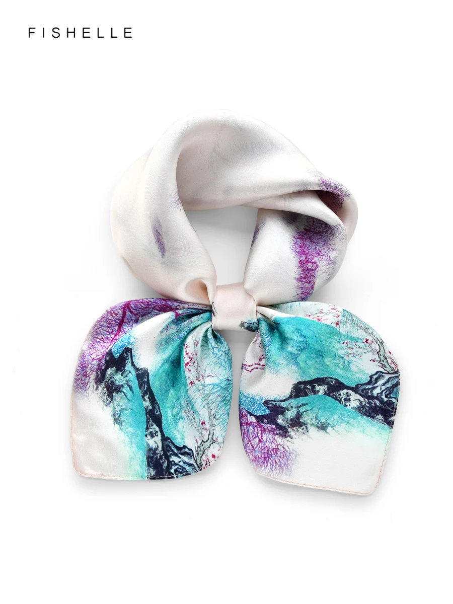 Colorful ink painting 100% real silk scarves small square scarf hijab shawl luxury gift 50cm women wrap neckerchief silk satin
