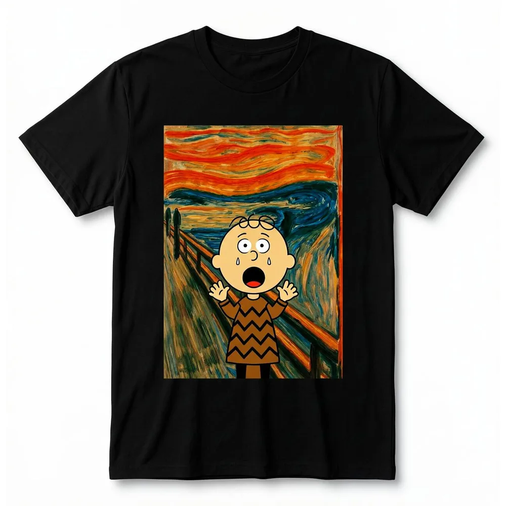 The Scream Famous Oil Painting Cartoon Boy Sweat Graphic T-Shirt Retro Art Mashup Print Unisex Casual Cotton Short Sleeve Tee