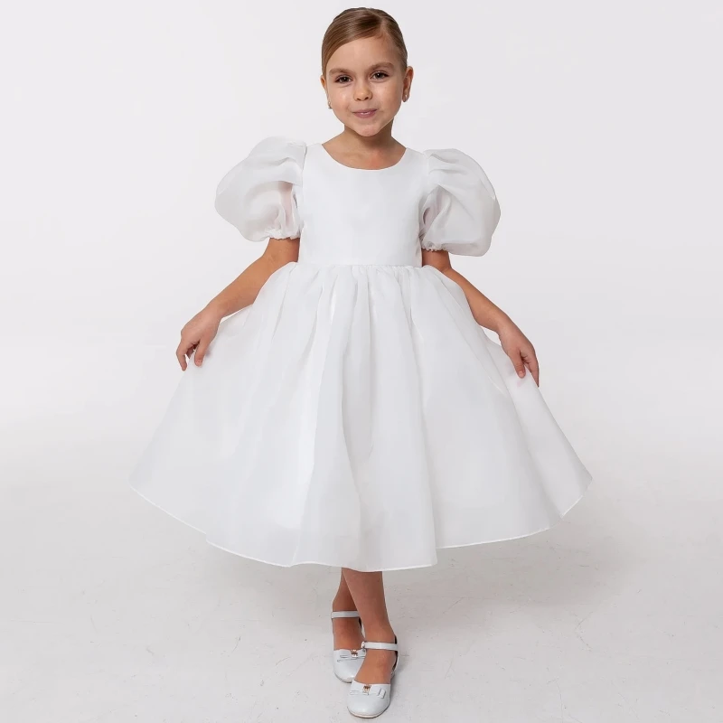 

White Flower Girl Dresses Tulle With Bow Short Sleeve For Wedding Birthday Party Banquet Holy Communion Gowns