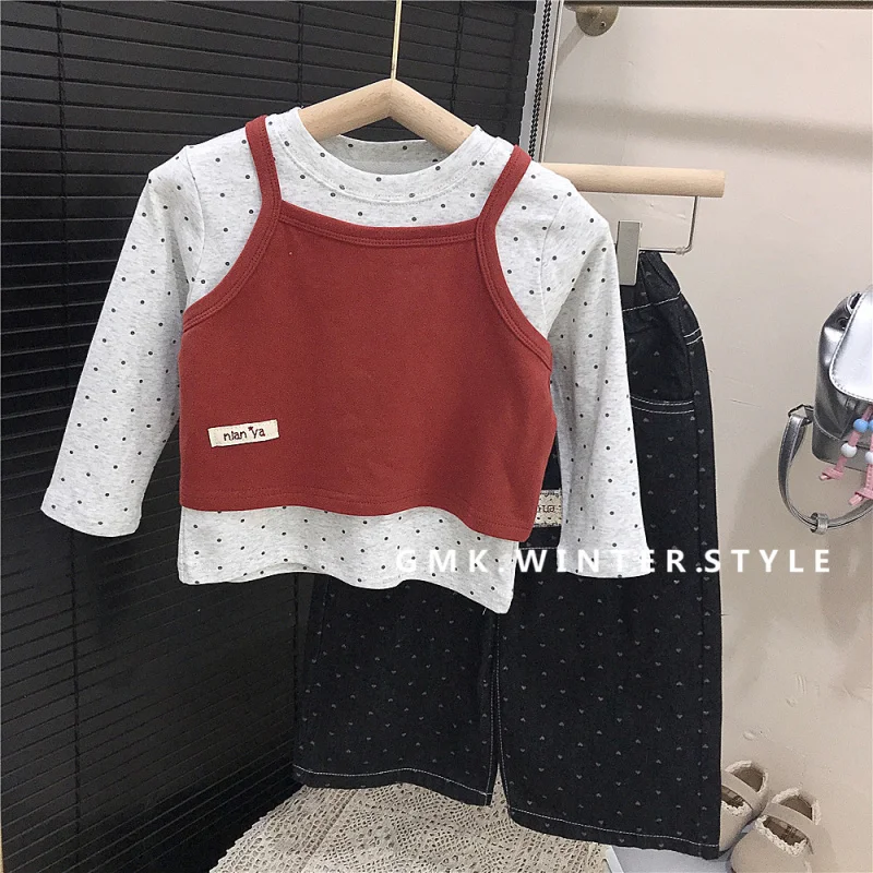 

Girls' Spring New Outfit Set Fashionable Camisole Vest Long Sleeve Top Jeans Trendy
