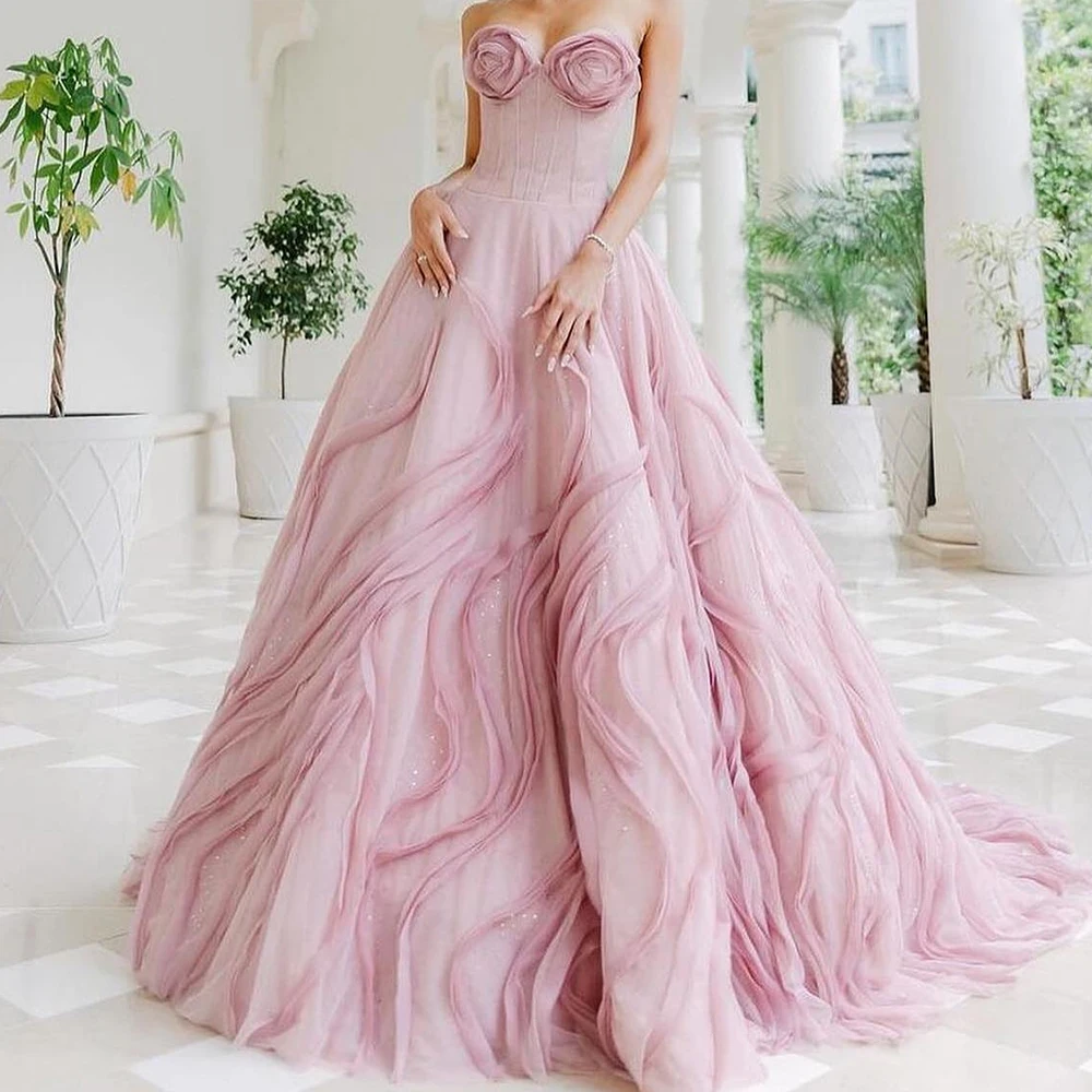 

High Quality Organza Flowers A-Line Evening Dress Sexy Floor Length Sweetheart Sleeveless فساتين سهره نسائيه فخمة