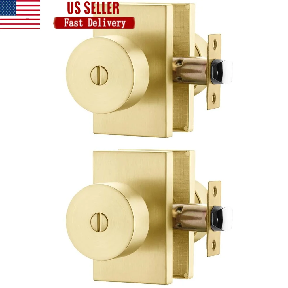 Interior Privacy Door Knobs Set Brushed Gold Brass Zinc-Alloy Heavy Duty Bedroom Bathroom Lockable Knob Retrofit Kit 2-Pack