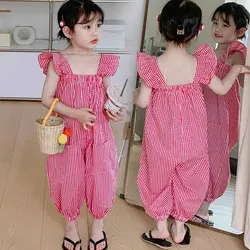 Summer Baby Girls Loose Red Plaid Ruffled Sleeves Backless Strapped Bodysuits Kids Sweet Jumpsuits Child Overalls Outfit 2-8 Yrs