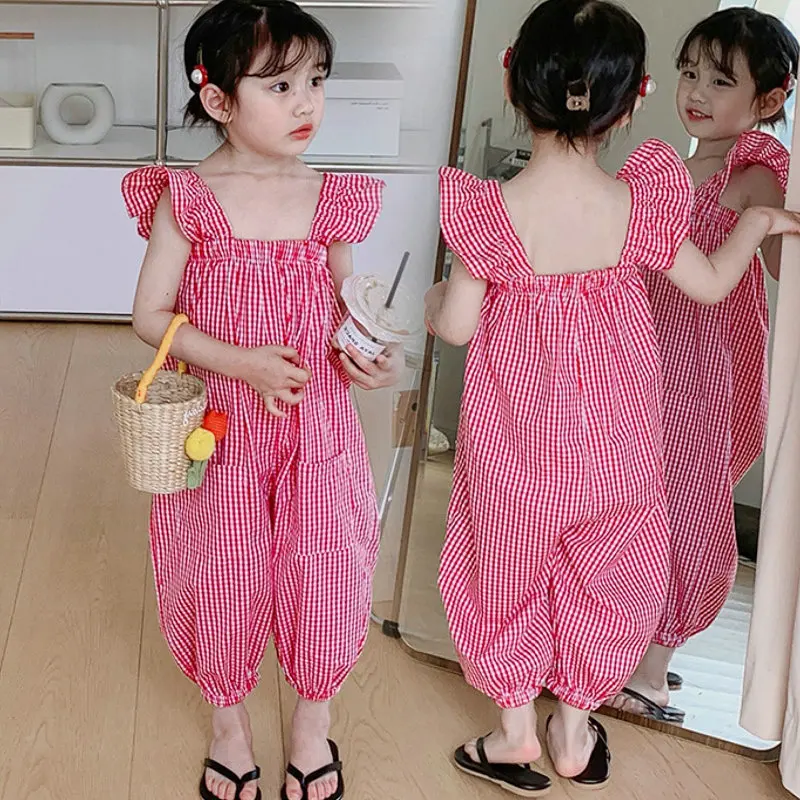 Summer Baby Girls Loose Red Plaid Ruffled Sleeves Backless Strapped Bodysuits Kids Sweet Jumpsuits Child Overalls Outfit 2-8 Yrs