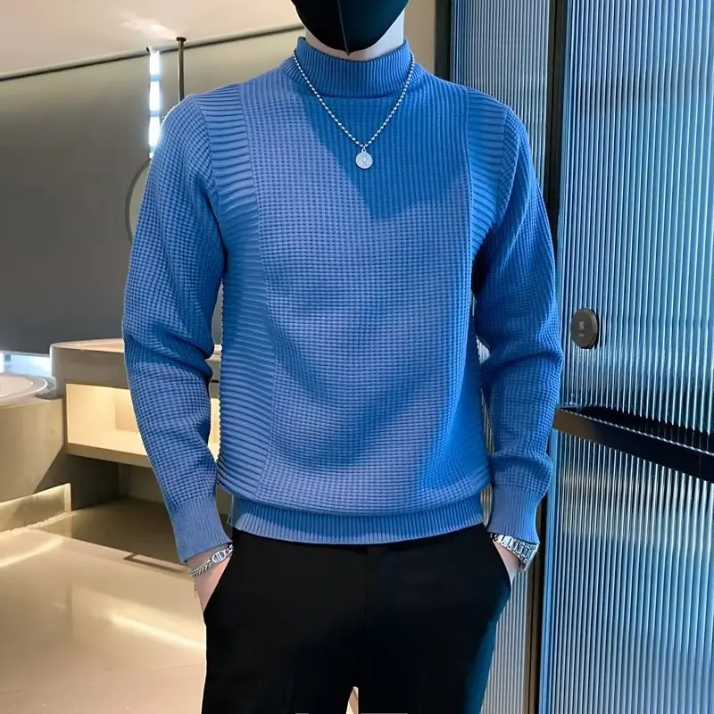 

Spring Autumn New Fashion Men's Solid Color Half High Collar Long Sleeve Simple Basic Casual Trendy Knitted Sweater Pullovers